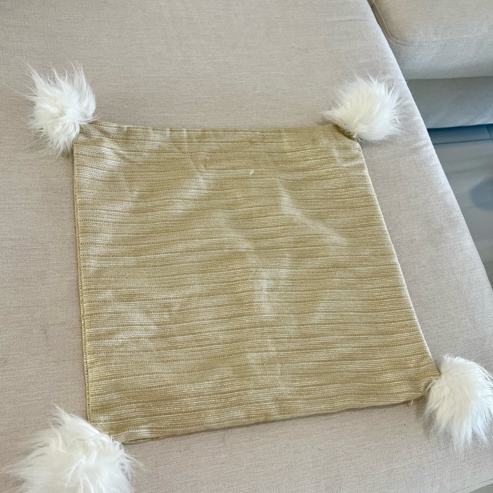 Anthropologie Gold Accent Pillow with Cream Pom Pom Tassels